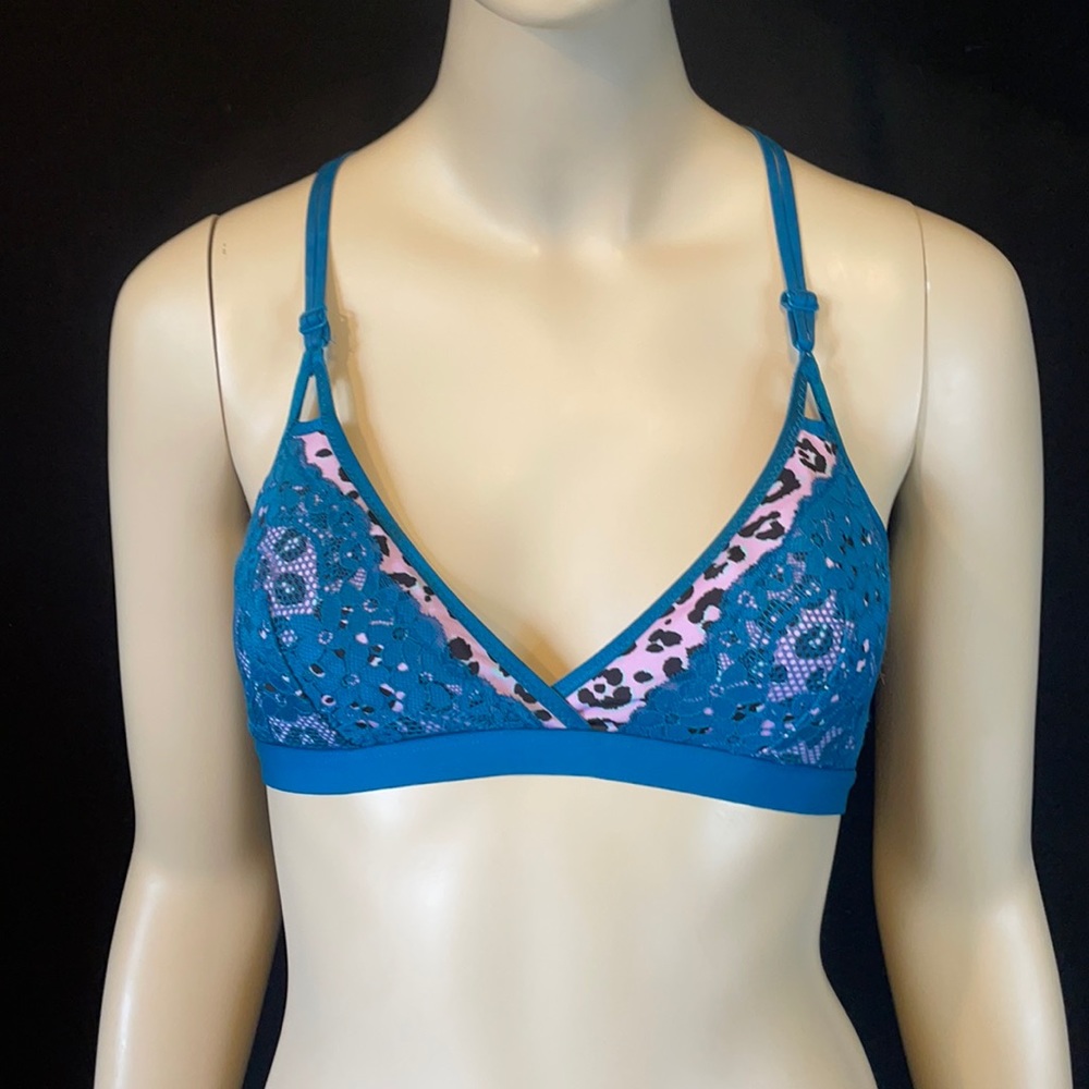NOBO Pink Leopard Print and Blue Lace Bralette
